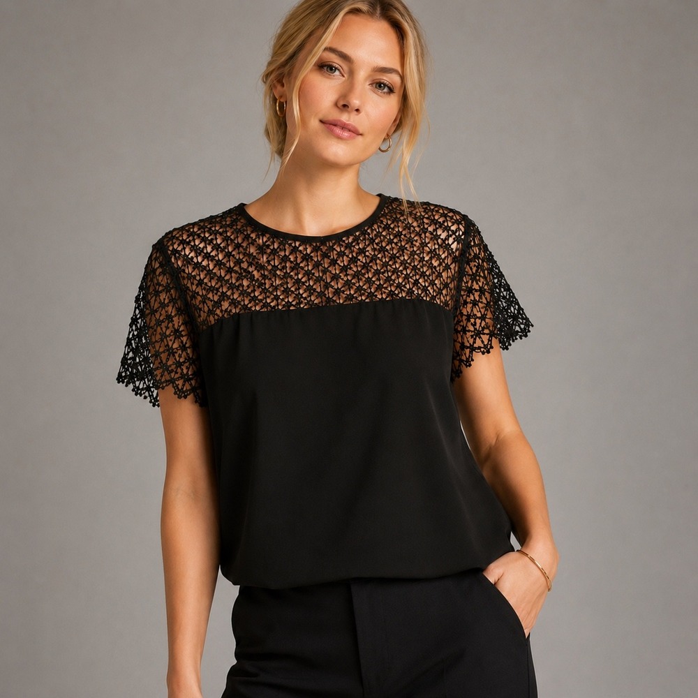 Vintage Katheryn Conover Night Black Openwork Lace Blouse  80/90's Size 12 SONY